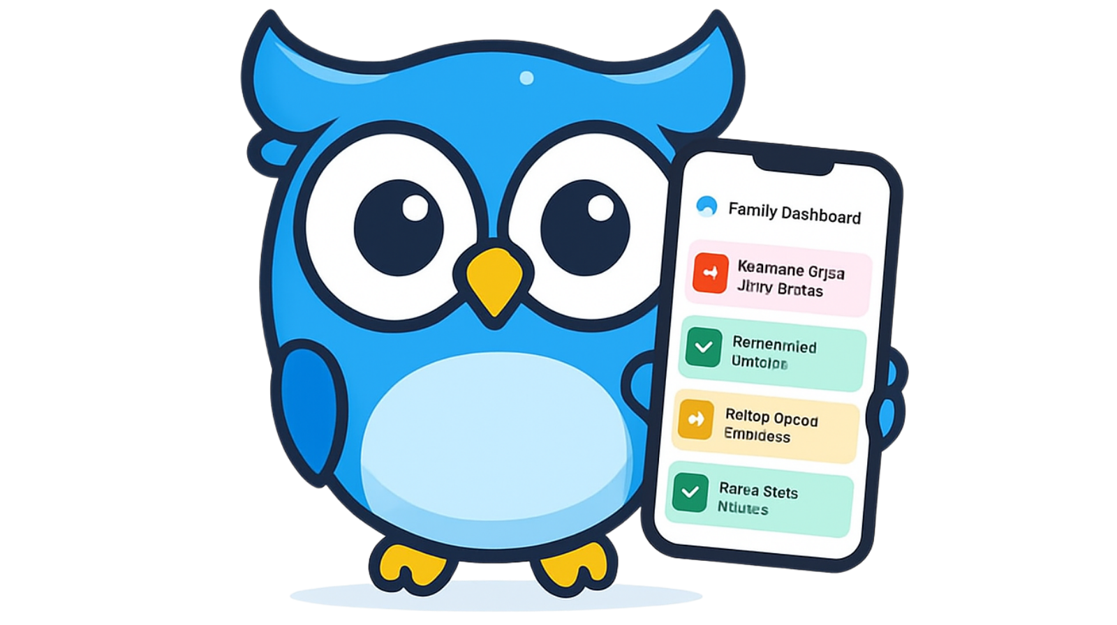 Bubo the owl holding a phone showing the Family Dashboard
